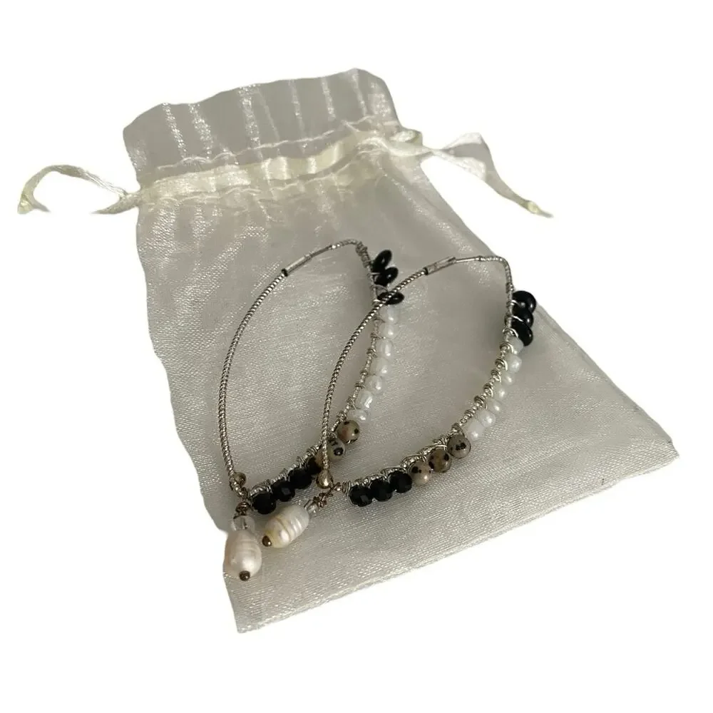 Rare Beaded teardrop Hoop Silver Earrings with pearl at the end